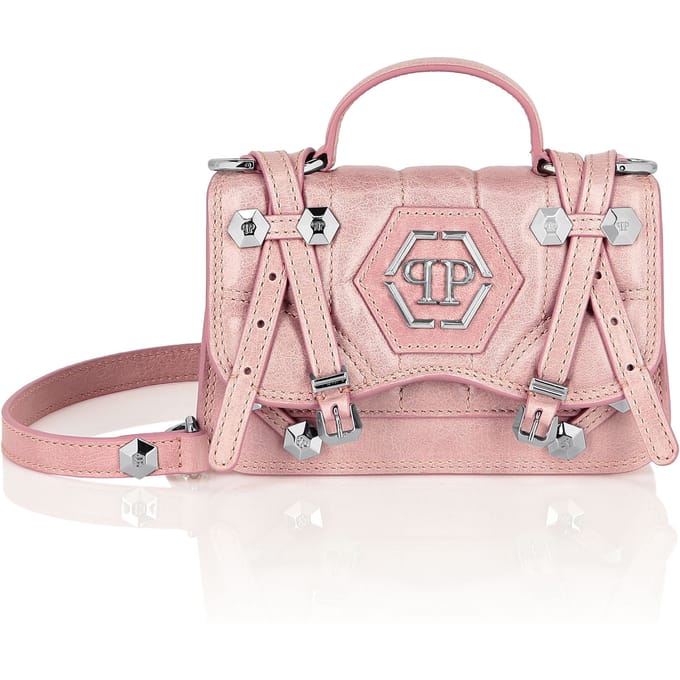 Shiny Crackle Leather Belt Handle Bag Small Hexagon