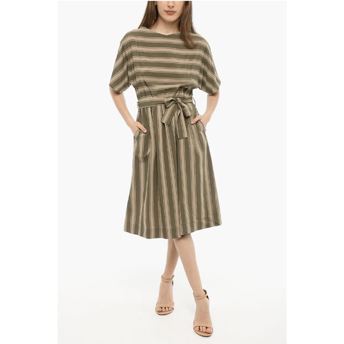 Bayadere gestreepte SCULLY maxi-jurk met riem in beige, verde