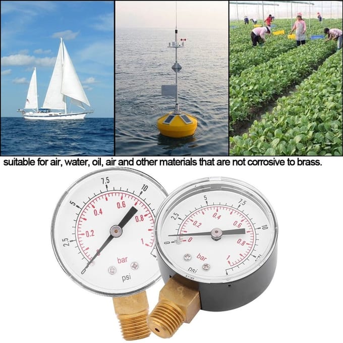 Dailygoods- Minimamanometer 0-15 psi - Manometer Waterdruk - Manometer Compressor - Draagbaar - 52mm Wijzerplaat - Messing Aansluiting