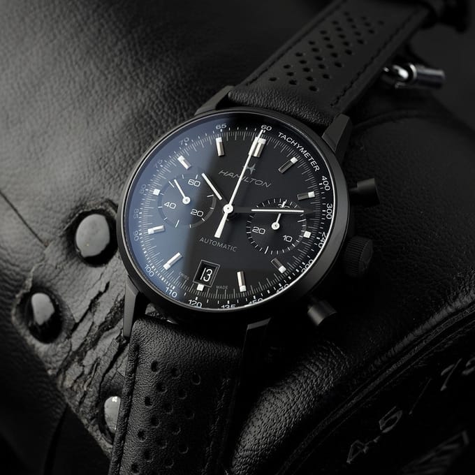 Hamilton American Classic Intra Matic Chronograaf Leren Band Zwarte Wijzerplaat Automatisch H38446730 100M Herenhorloge zwart