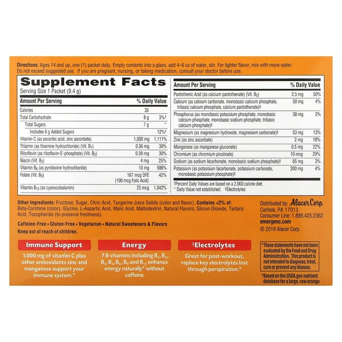 Emergen-C, Vitamine C, Mandarijn, 1.000 mg, 30 zakjes, 9,4 g(0,33 oz) Elk