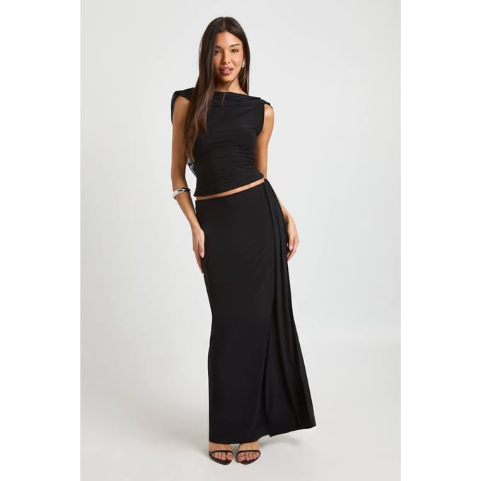 boohoo Dames Slinky Maxi Rok Met Mesh Drapering | Black | Maat: 14