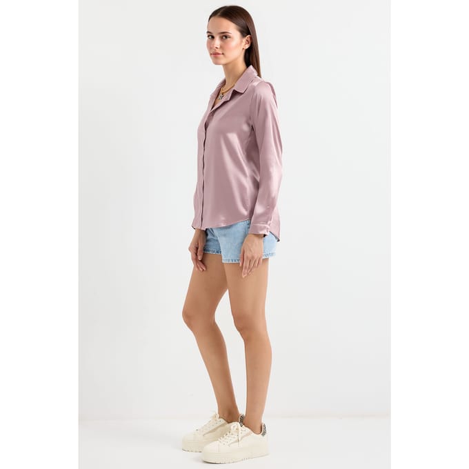 Satin Lange Mouw Knop-Up Shirt