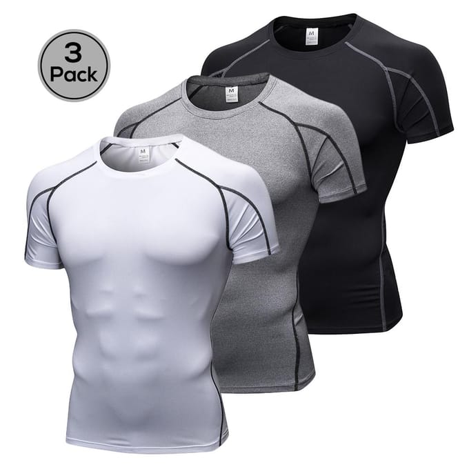 Lixada Pak van 3 Heren Korte Mouw Compressieshirt Sneldrogend Hardlopen Combo AM white