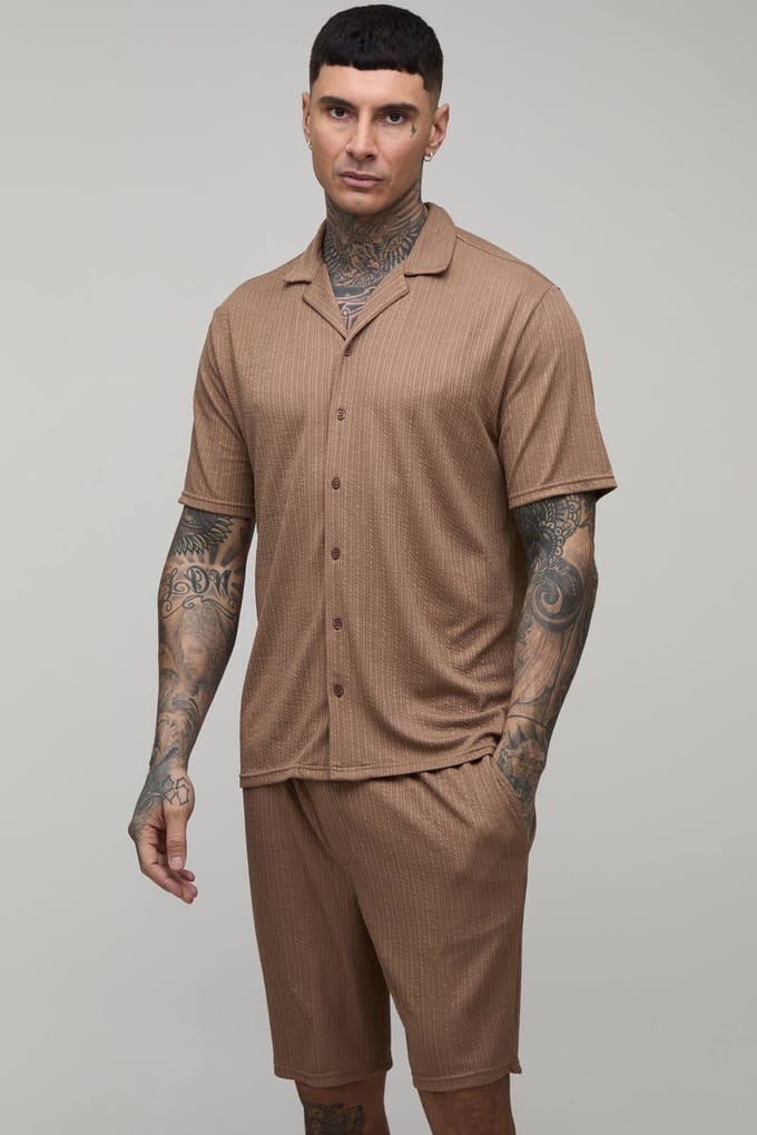 Lange Jersey Gestructureerde Geribbelde Regular Shirt & Relaxed Short Set | Chocolate | Size Small