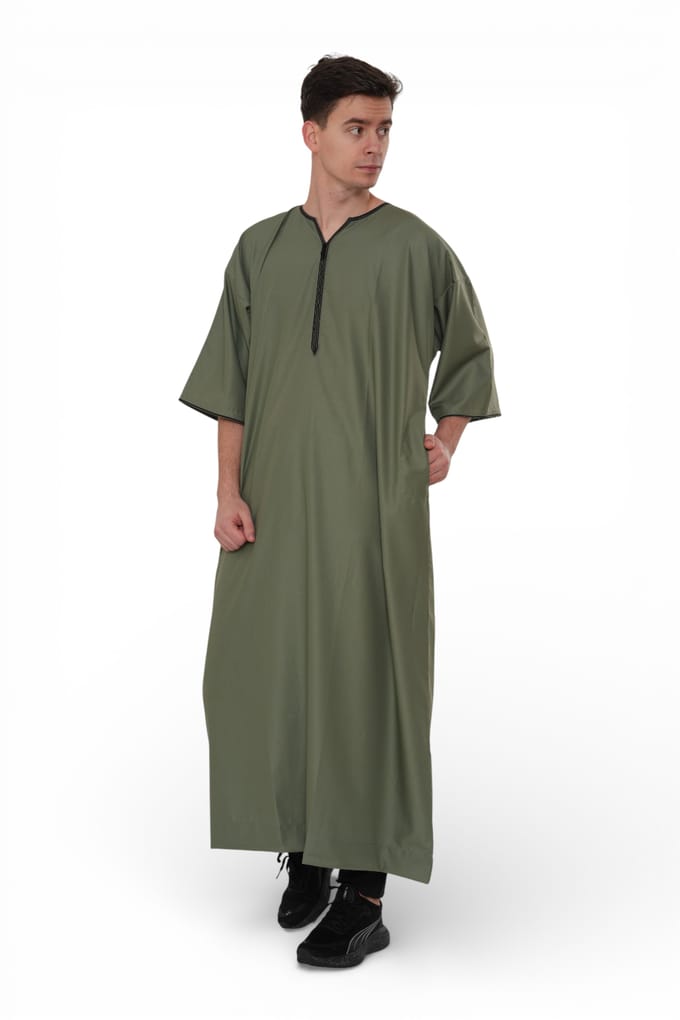 Mannen Ramadan Olijfgroen Marokkaanse Gandoura Thobe Robe Djellaba Eid Jubba-TT-006