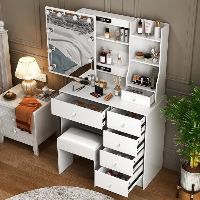 Luxe Kaptafel met Verlichting en Spiegel, Wit