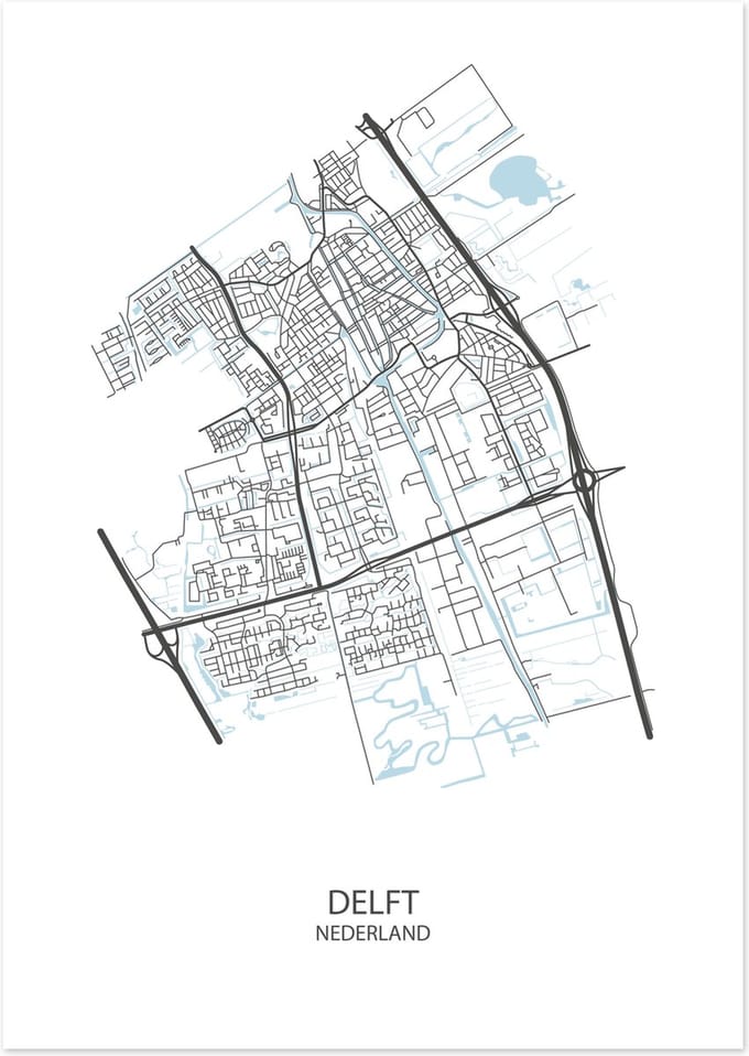 De Lange Koe Poster - Delft Plattegrond - 42 X 29.7 Cm - Wit