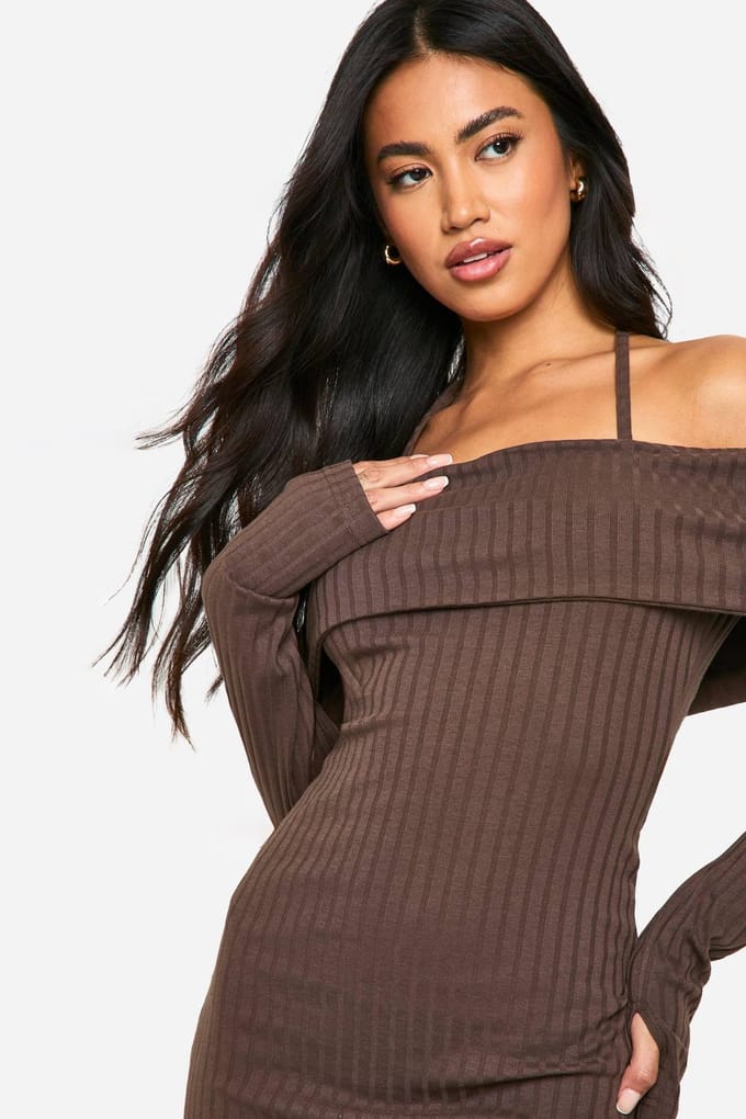 boohoo Dames Wide Rib Bardot Tie Mini Jurk | Chocolate | Maat: 16