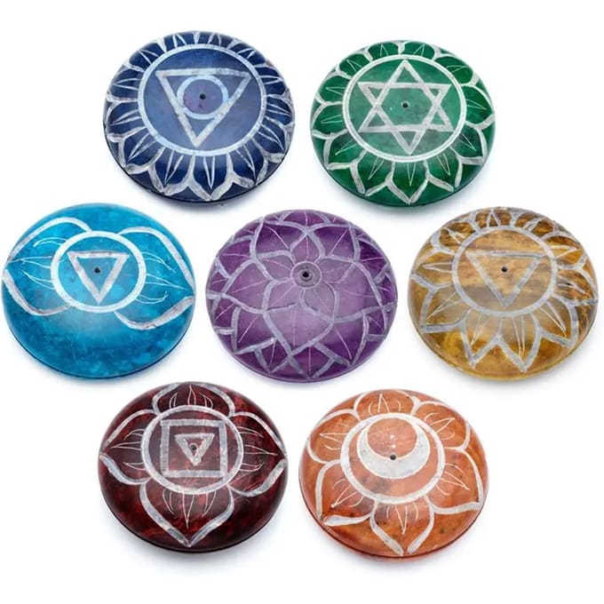 7 chakra wierookbrander set - speksteen - chakra symbolen - chakra steen - set van 7