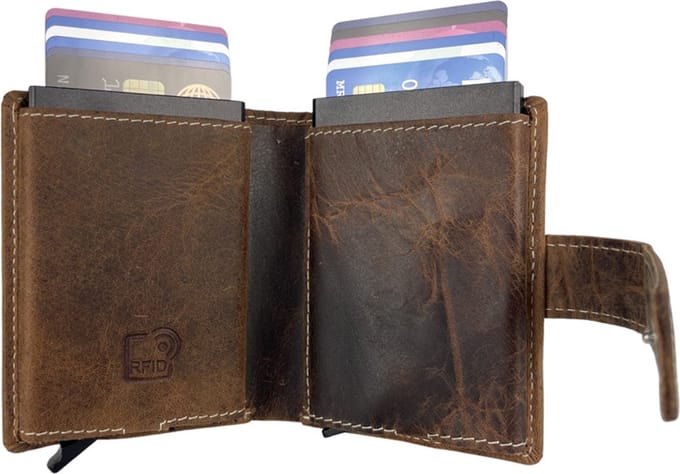Pasjeshouder Uitschuifbaar – Cognac – Leer - Dubbele Creditcard Houder - RFID – Anti Skim - Muntgeld Ritsvak - Pasjeshouder - Bruin