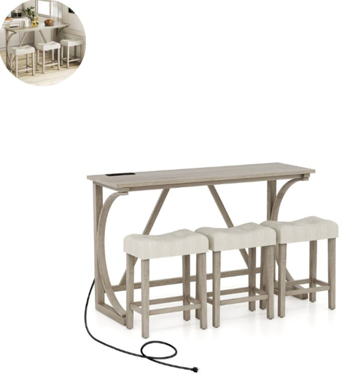 Bartafel keuken - Bartafel Set - Barkruk - Barstoel - Keukenstoel - Voetsteun - Grijs + Beige