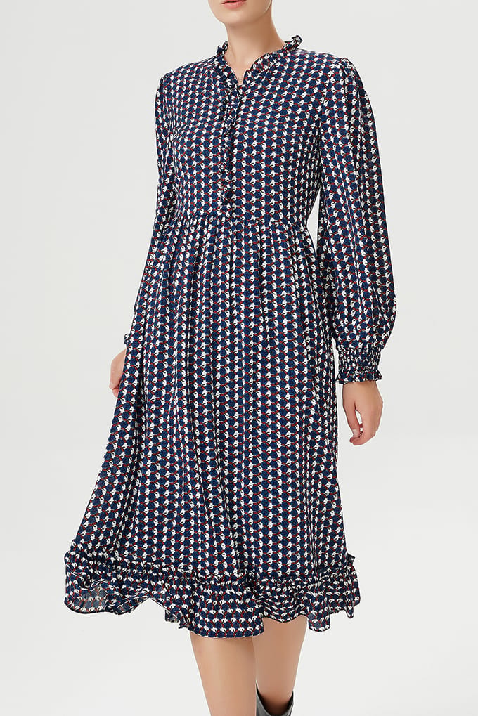 Blouse -jurk met ruches en vintage geometrische print