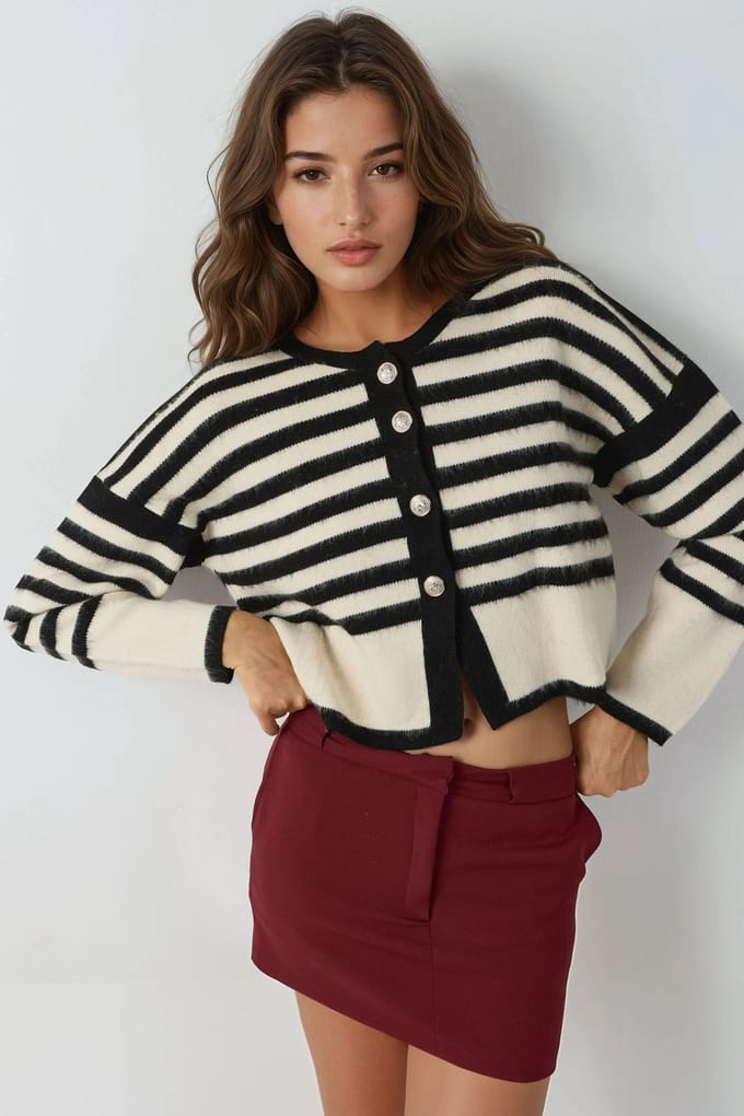 Gestreepte Gebreide Cardigan met Knopen Sluiting