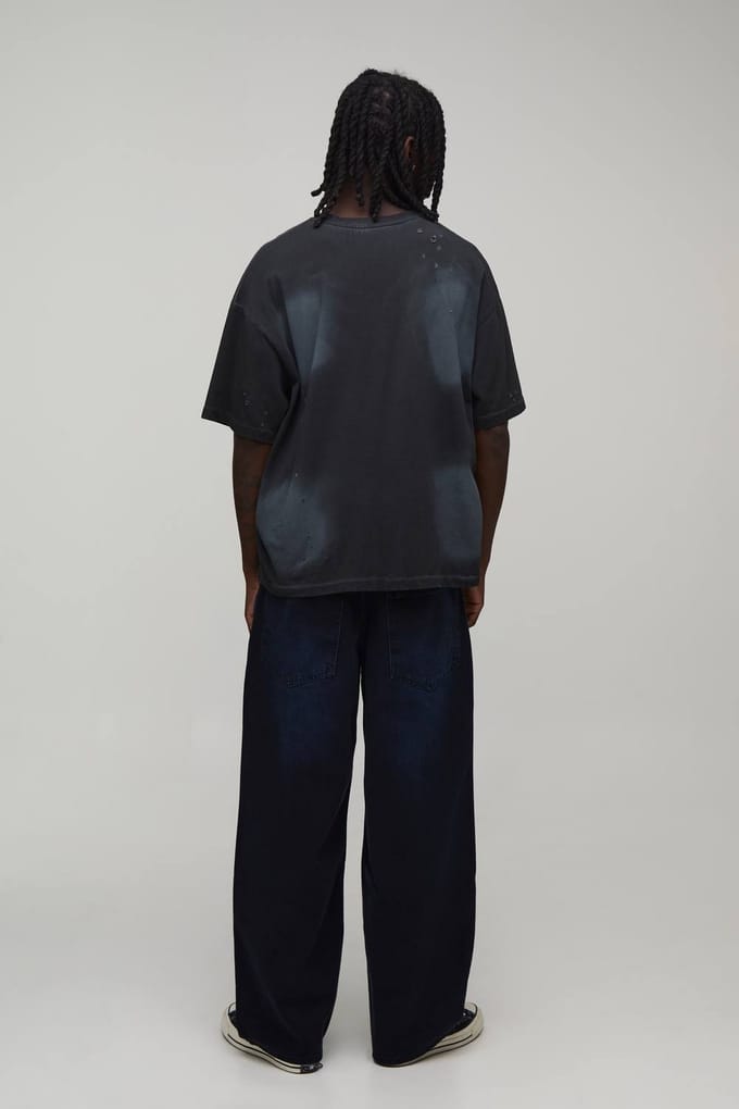 Verstelbare Taille Getinte Extreem Gescheurde Super Baggy Jeans | Washed Black | Size 32R