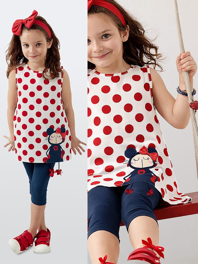 Denokids CFF-19Y1-043 Rode Meisjes Tuniek Leggings Set Gestippelde 128