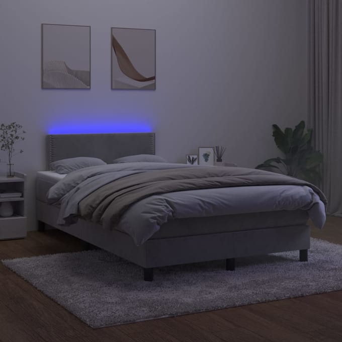 vidaXL - Boxspring - met - matras - en - LED - fluweel - lichtgrijs - 120x200 - cm