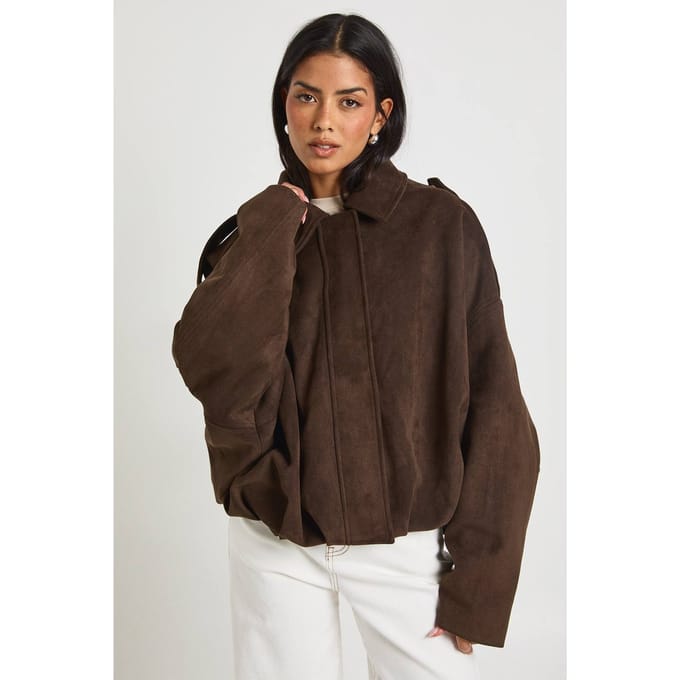 boohoo Dames Suede Bubble Zoom Bomber Jacket | Chocoladebruin | Maat: 40
