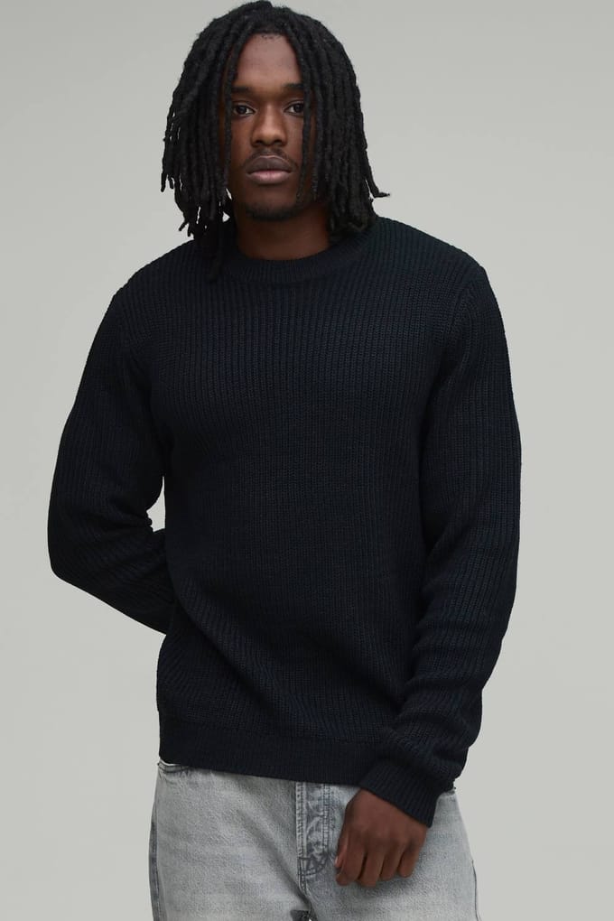 Lange Regular Fit Geribbelde Gebreide Trui | Black | Size Small