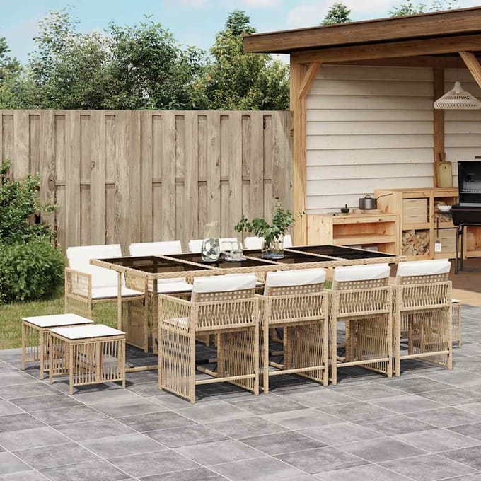 vidaXL - 13-delige - Tuinset - met - kussens - poly - rattan - beige