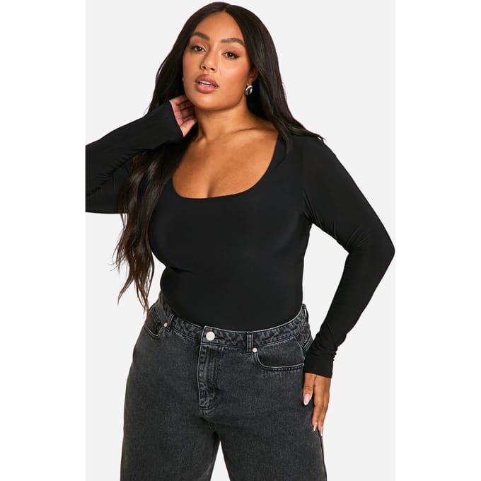 Dames Boohoo Basics Plus Double Laag Slinky Scoop Bodysuit | Zwart | Maat: 56