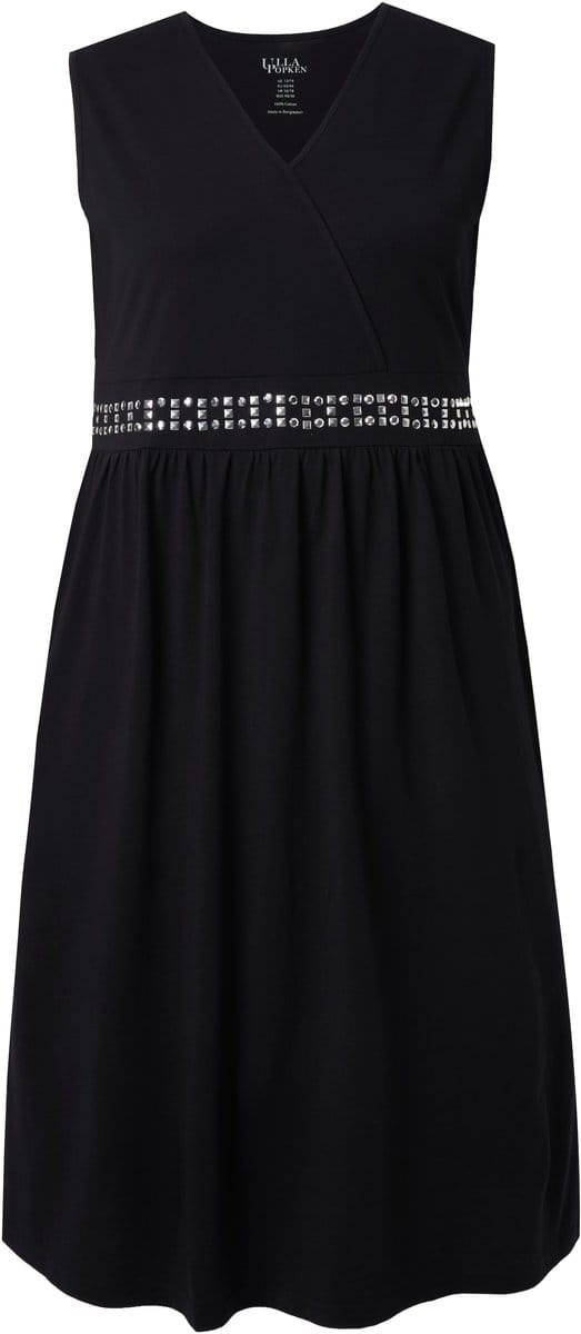 Ulla Popken - Dames - Midi-jurk borduursel wikkellook V-hals mouwloos - Zwart - Maat 54+