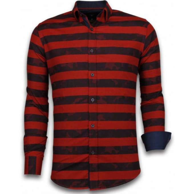 Italiaanse Overhemden - Slim Fit Overhemd - Blouse Big Stripe Camouflage Pattern - Rood