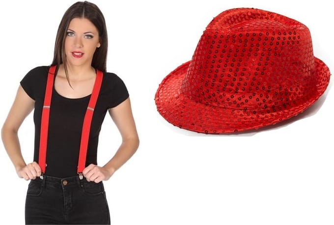 Folat - Verkleedkleding set - Glitter hoed/bretels rood volwassenen