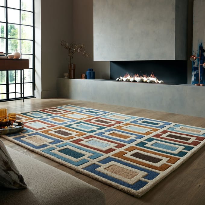 Flycarpets Retro Vloerkleed Geblokt - Handgetuft Gekleurd - Blauw / Multi 80 x 150 cm