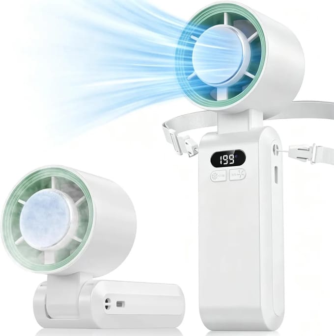 Handventilator, draagbare ventilator, miniventilator, nekventilator, 1-199 windsnelheden, met koelfunctie, 5000mAh batterij.