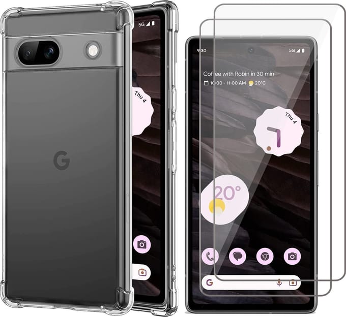 Hoesje geschikt voor Google Pixel 7a - 2x Screen Protector GlassGuard - Back Cover Case ShockGuard Transparant & Screenprotector