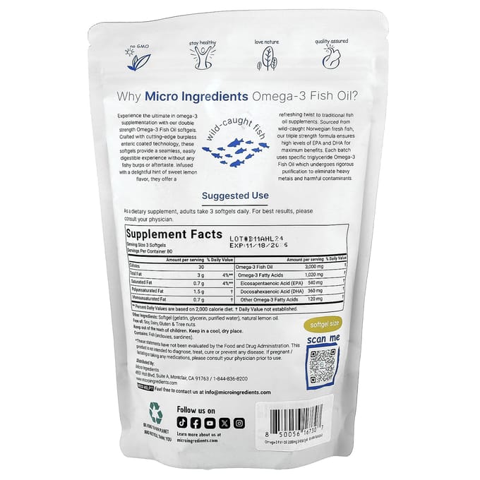 Micro Ingredients, Omega-3 Visolie, Citroen, 240 Softgels (1.000 mg per softgel)