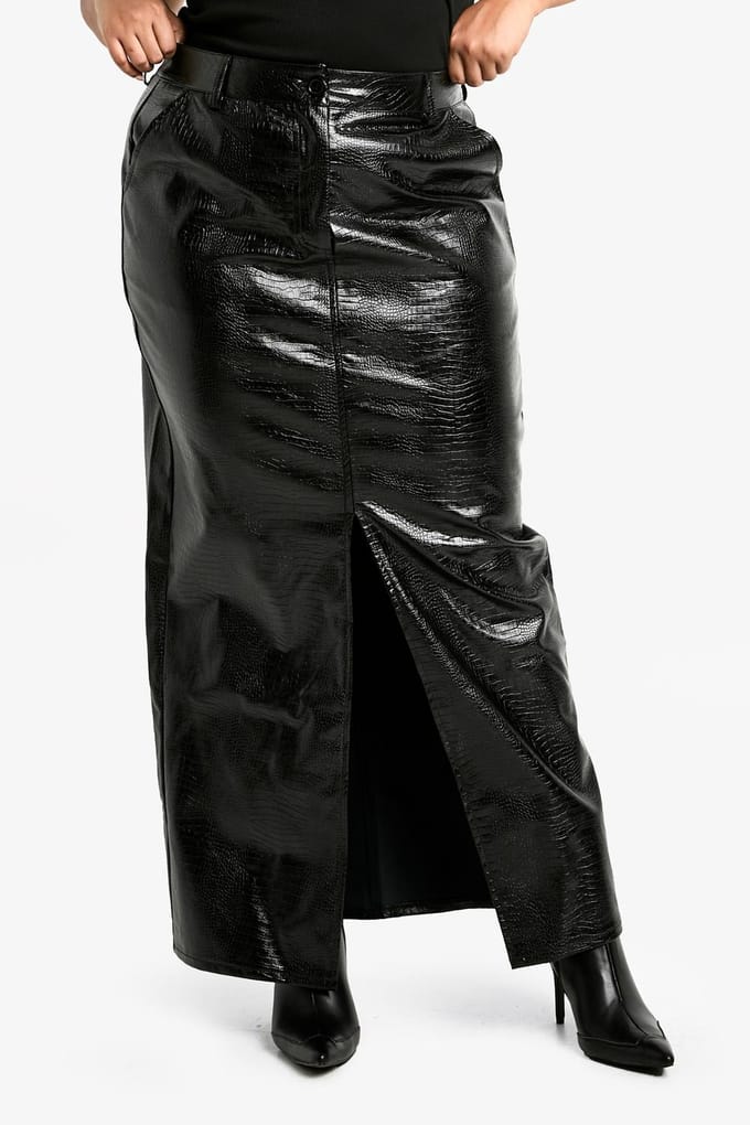 boohoo Dames Plus Croc PU Split Front Maxi Rok | Black | Maat: 18
