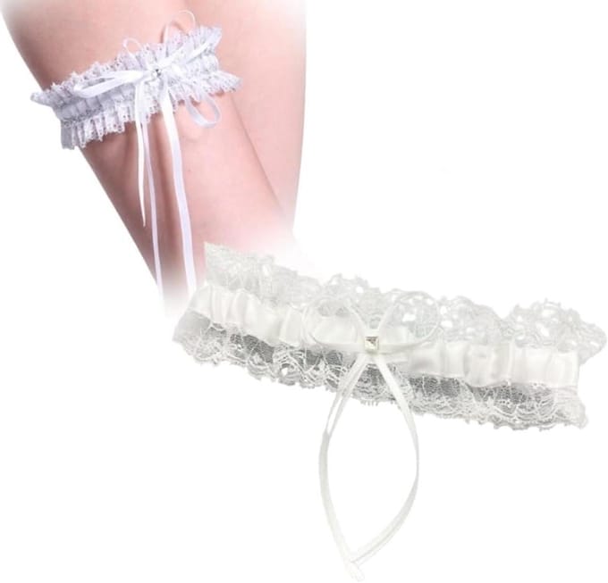 Bruid Kousenband - Jarretelband Bruid - Bruiloft Accessoire - Wit Kant Strass Hart - 23 cm - Blauw