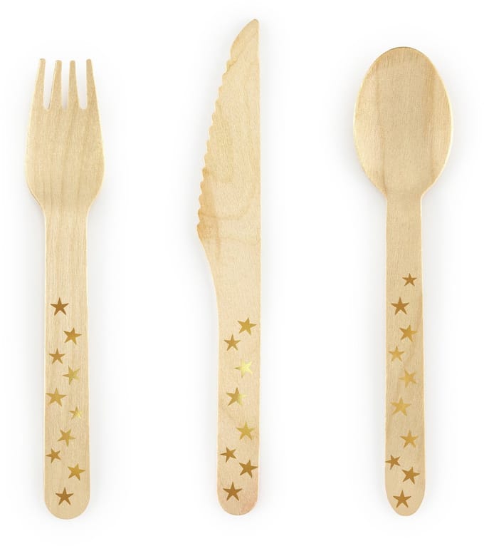 PARTYDECO - 18 houten besteksets met gouden sterren 16 cm, wegwerpservies