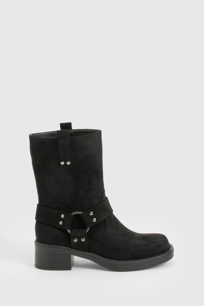 boohoo Dames Faux Suede Harness Detail Biker Boots | Black | Maat: 3