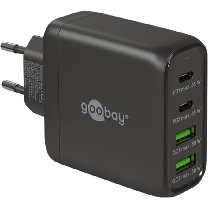 Goobay 68 W USB-C PD GaN multiport snellader zwart, 2x USB-C poorten (Power Delivery) en 2x USB-A poorten (Quick Charge)