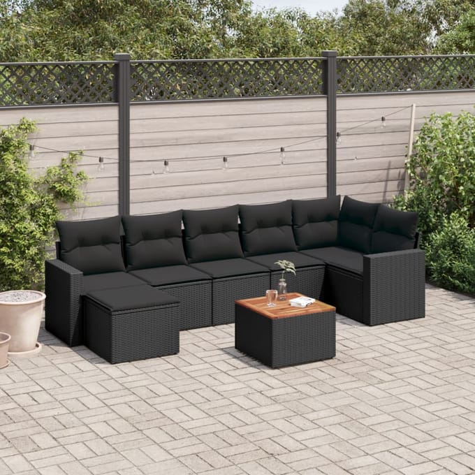 vidaXL - 8-delige - Loungeset - met - kussens - poly - rattan - zwart