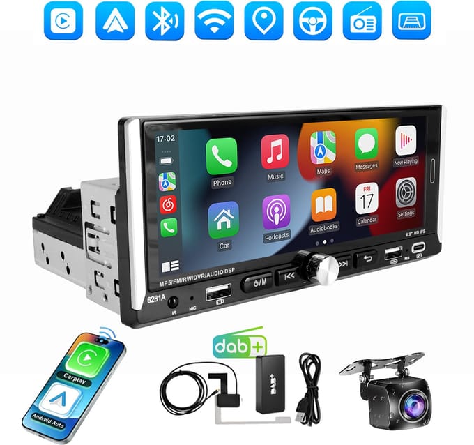 ESSGOO DAB Autoradio 1Din - Apple Carplay & Android Auto (Draadloos) - Android 15 - 6,9 Inch IPS Touchscreen - 4+64GB - GPS, Bluetooth, Dubbele USB+ Type-C - Achteruitrijcamera