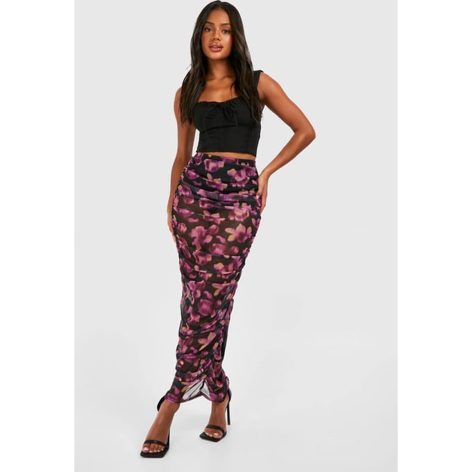 boohoo Dames Gerafelde mesh maxi-rok met bloemenprint | Black | Maat: 8