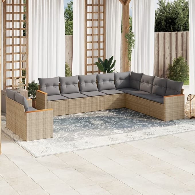 vidaXL - 10-delige - Loungeset - met - kussens - poly - rattan - gemengd - beige