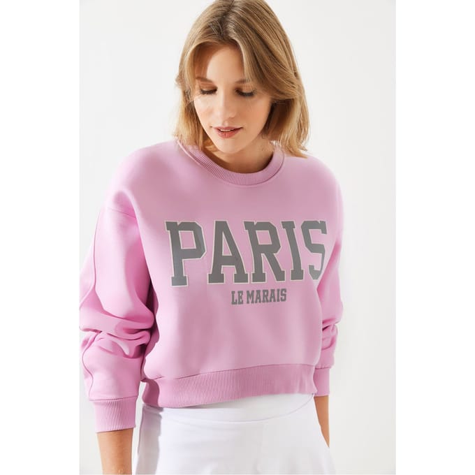 Geknipte Crew Neck Katoenen Sweatshirt met Voorzijde Tekstprint