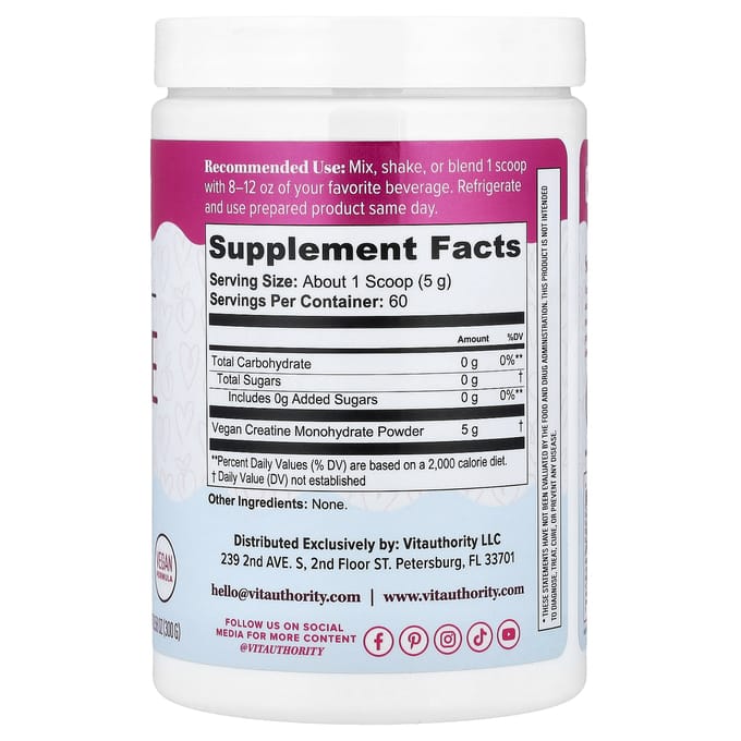 Vitauthority, Actief, Creatine Monohydraat voor Vrouwen, Ongezoet, 300g (10.58oz)