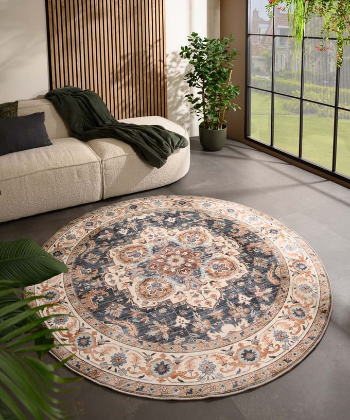 Rond vintage buitenkleed - Valenca Fino goud/blauw 230