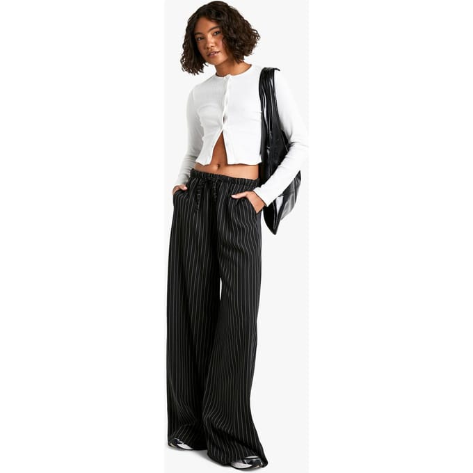 boohoo Dames Tall Drawstring Stripe Wide Leg Trousers | Zwart | Maat: 44