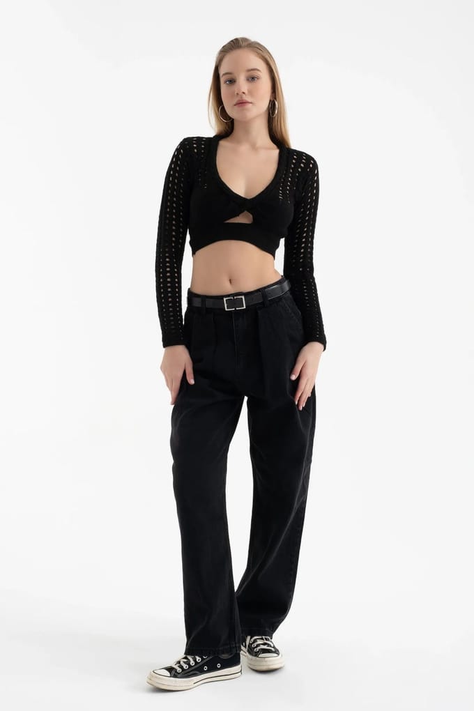 Scoop Hals Gebreide Cut-Out Langsleev Crochetblouse