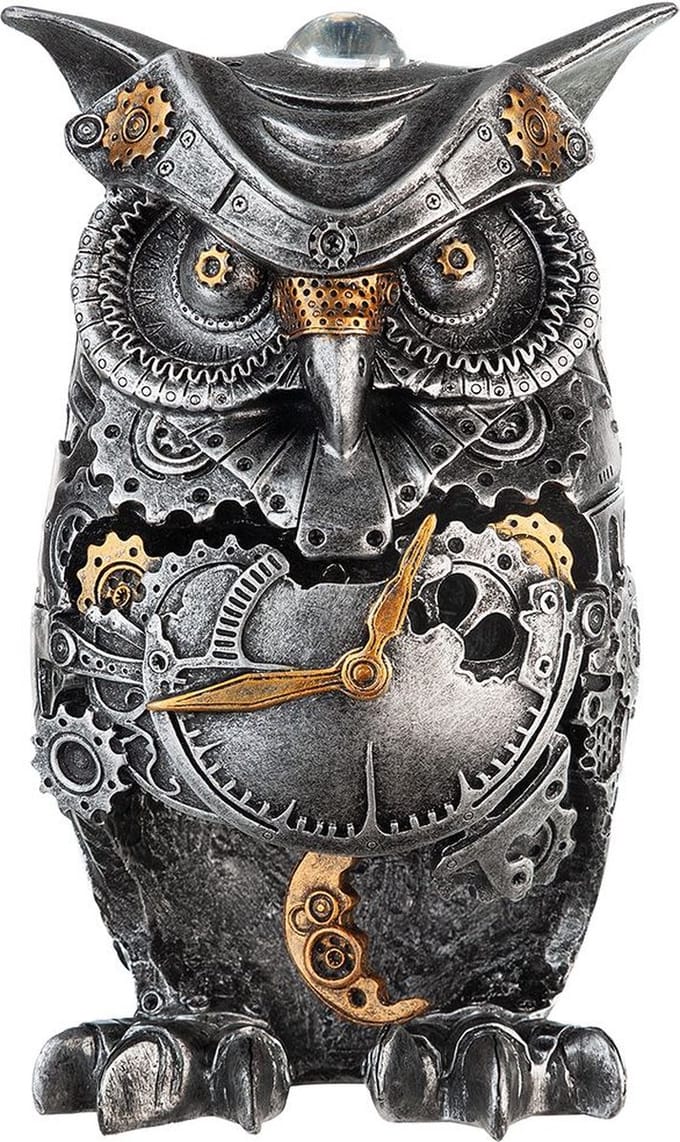 Beeld steampunk uil - 10x13x21 -polyresin - grijs Klok werkt NIET