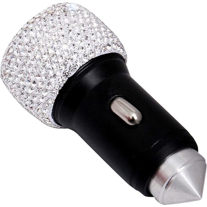 Autolader Bling Diamond Dual USB Autoadapter Veiligheidshamer Handgemaakt wit