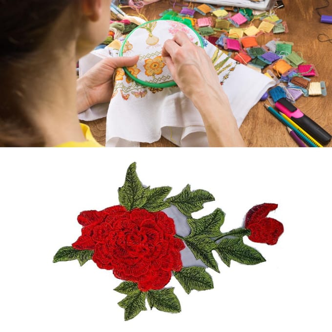 Roos Patch 10.2x7.1in Uitstekende Textuur Duurzaam Polyester Multifunctionele Bloem Patch voor Kleding red