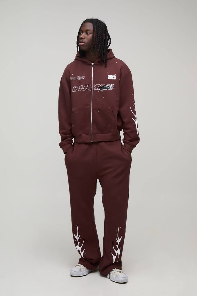 Oversized Boxy Trainingspak Met Strass Steentjes En Moto Ritssluiting | Chocolate | Size Large
